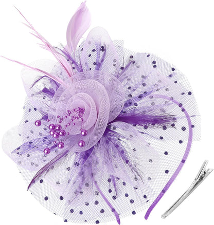 DRESHOW Fascinators Hat Flower Mesh Ribbons Feathers on a Headband and a Clip Tea Party Headwear for Girls and Women - Colors A