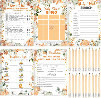 Yinder 145 Pcs Baby Shower Games Activities Cards with 20 Pencils Includes Baby Bingo Description and Wishes Guess Who Price is Right Word Scramble Game(Here Comes the Son)