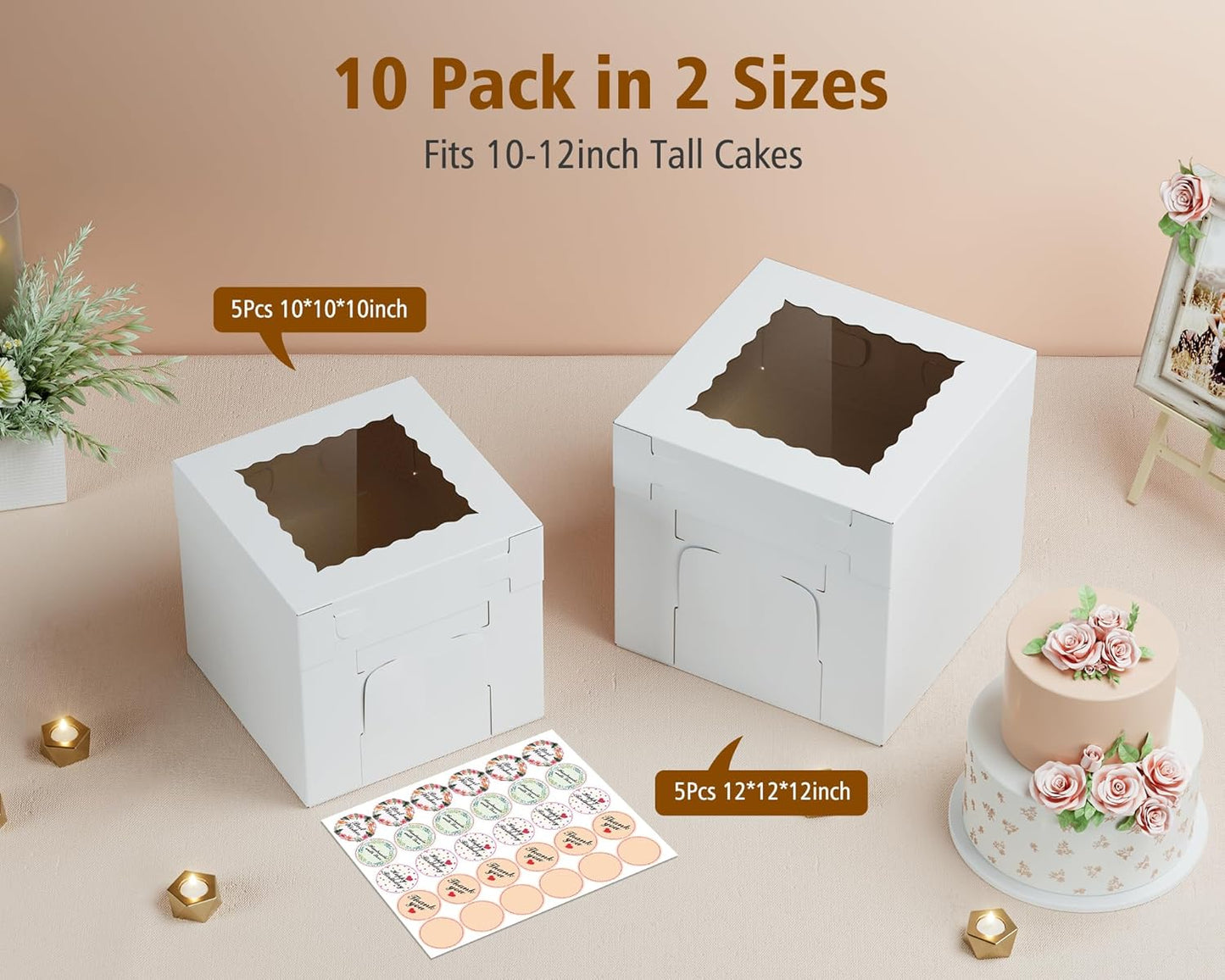 10Pcs Corrugated Cake Boxes in 2 Sizes - 12x12x12 & 10x10x10 Inch Tall Cake Box with Window, Thick Bakery Dessert Boxes, Disposable Cardboard Cake Carrier for Layer Cakes, Birthday, Wedding, Party
