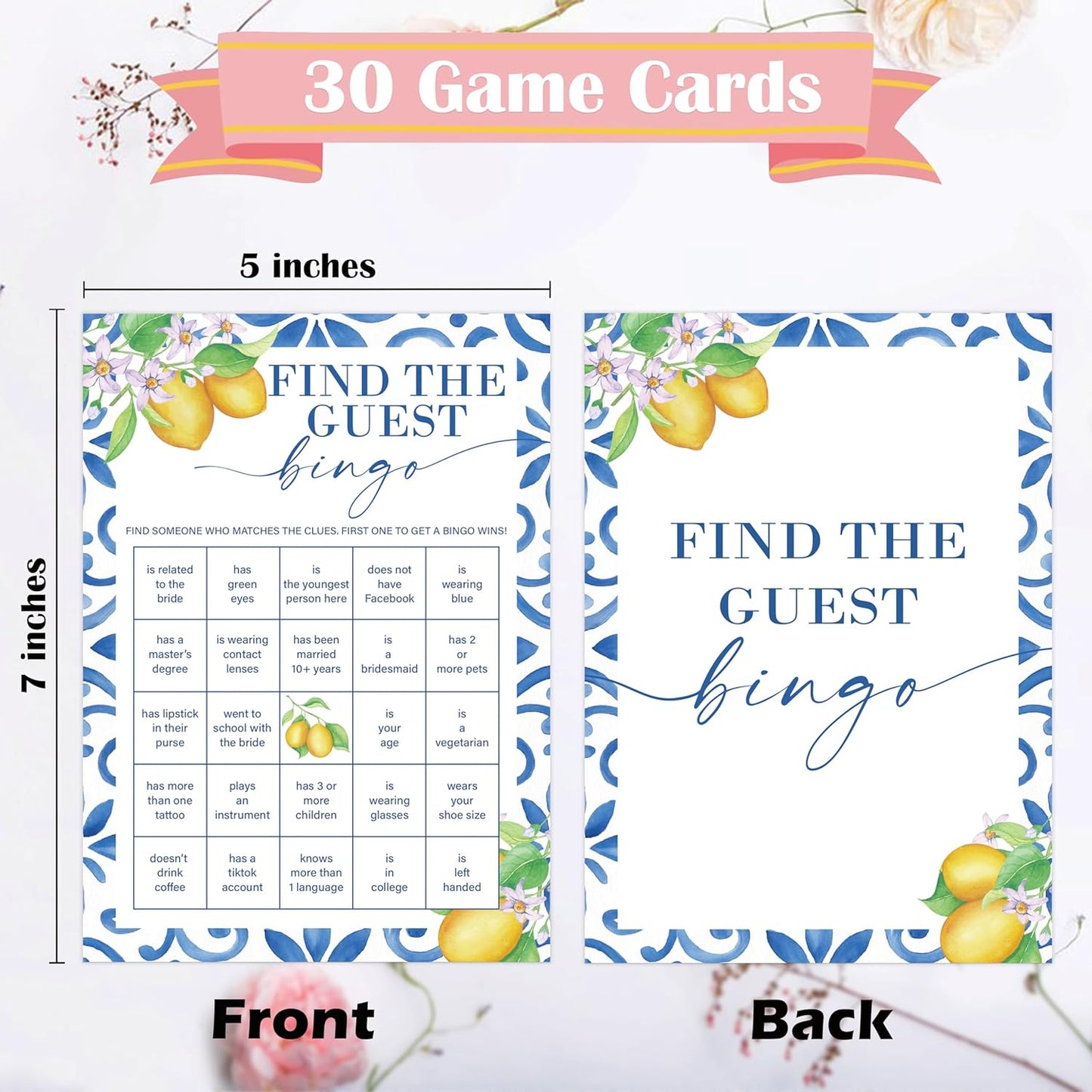 Mediterranean Lemon Bridal Shower Bingo Game with Blank Squares, Pack of 30 Game Cards, Bridal Shower Decorations, Wedding Engagement Decor, Bachelorette Party Supplies - KR30