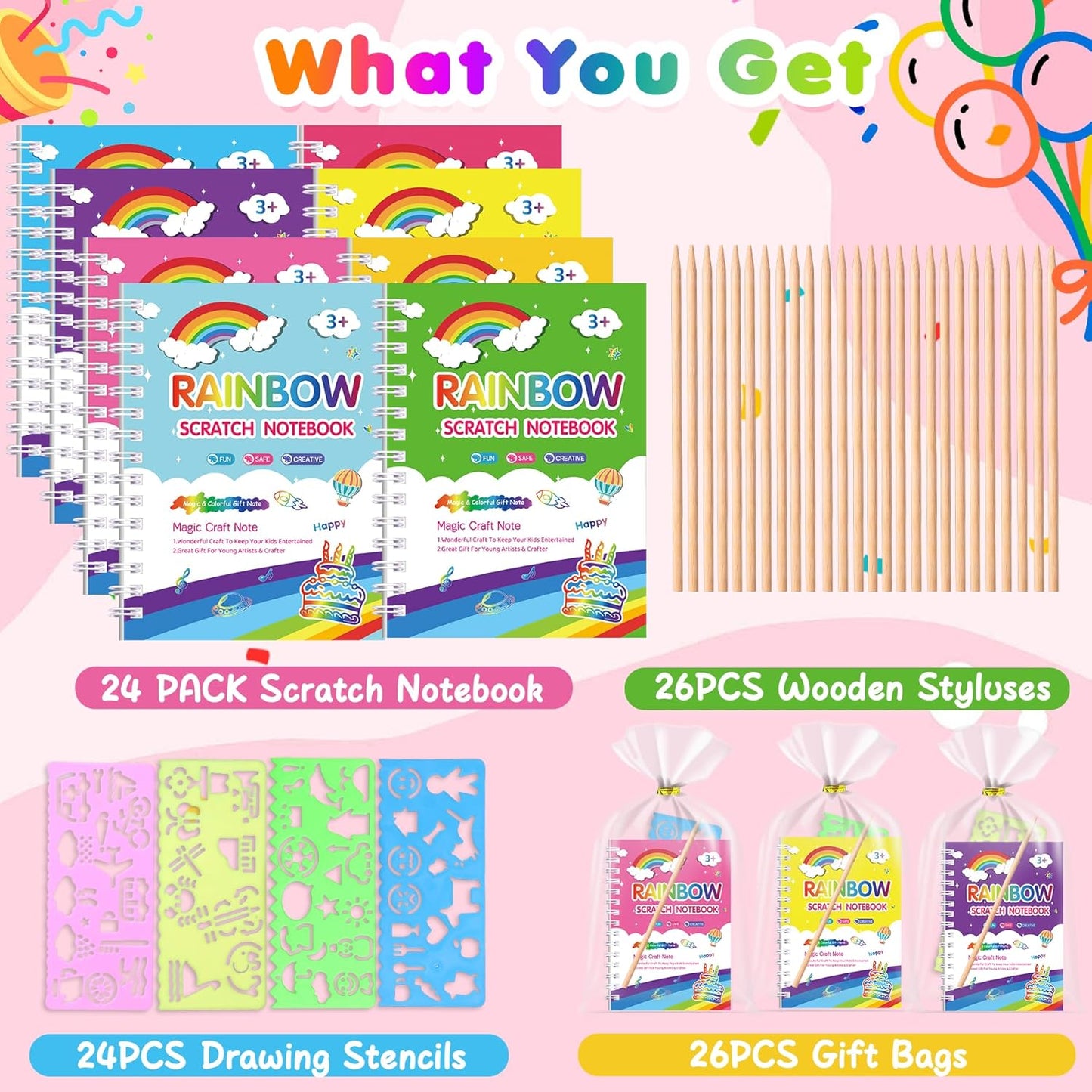 Elover Party Favors for Kids 4-8-12: 24 Pack Scratch Rainbow Art Crafts Notebook, Coloring Book Goodie Bags Stuffers Kit, Bulk Birthday Gift Classroom Prizes Girl Boy Toddler