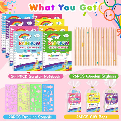 Elover Party Favors for Kids 4-8-12: 24 Pack Scratch Rainbow Art Crafts Notebook, Coloring Book Goodie Bags Stuffers Kit, Bulk Birthday Gift Classroom Prizes Girl Boy Toddler