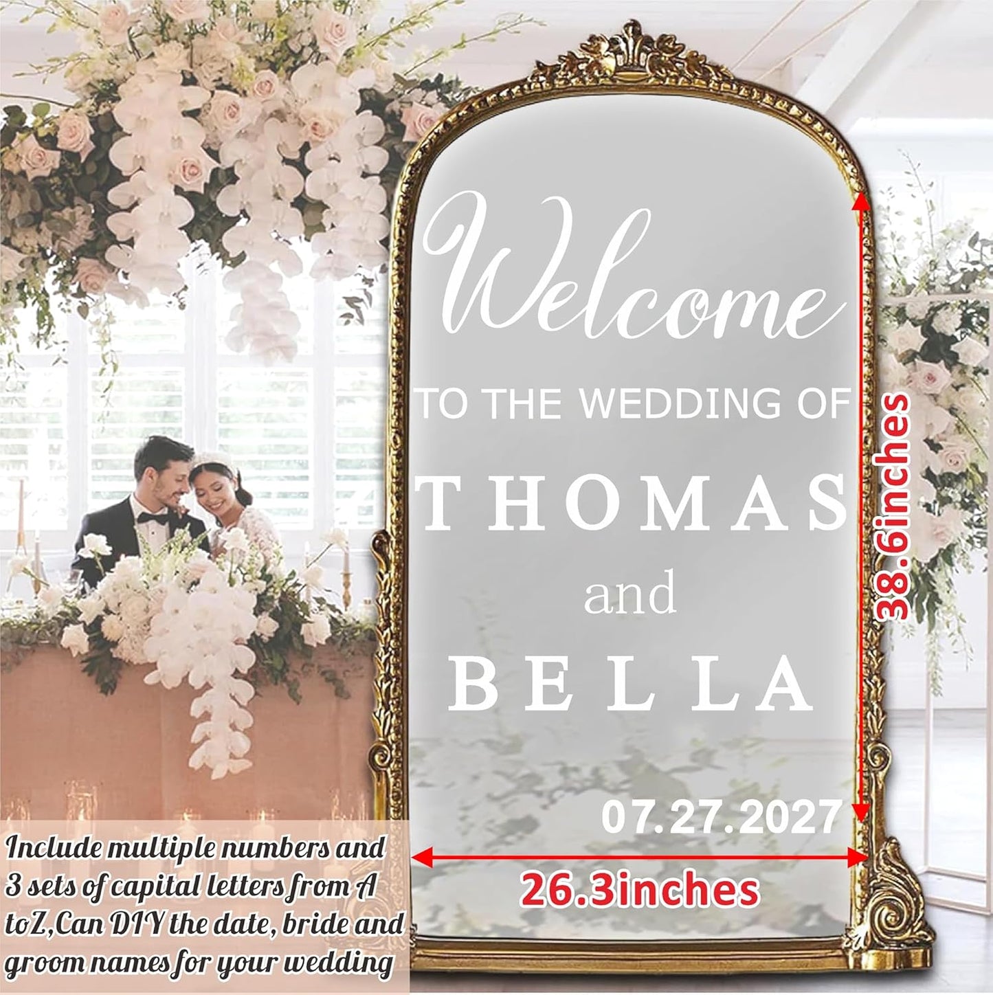 Custom Name Welcome to Our Wedding Signs Personalized Wedding Mirror Decals Selfie Mirror Decal for Wedding Entry Reception Display Golden Date Marriage DIY Vinyl Lettering Welcome Party Decoration