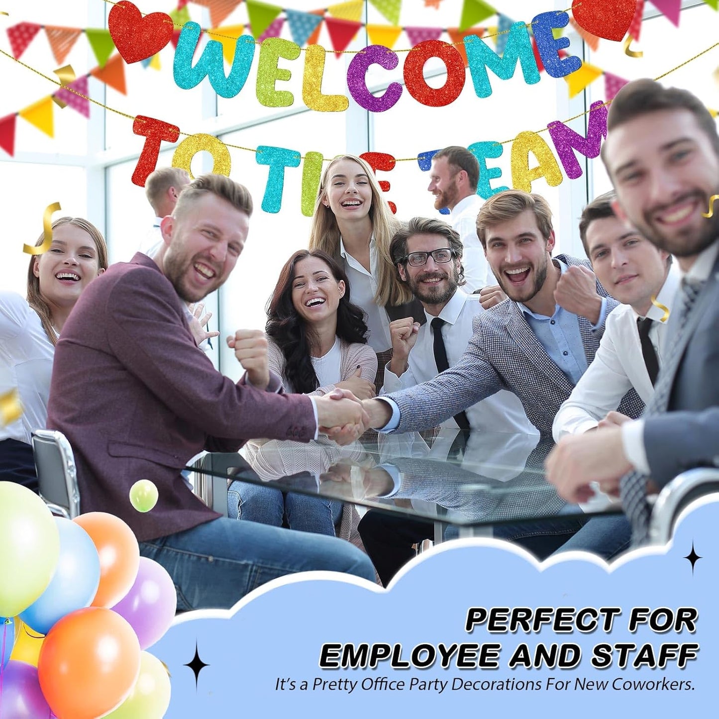 Fulmoon Pre Strung Welcome to The Team Banner with Two Heart Signs, NO DIY, Glitter Welcome Party Supplies for New Employee, Coworker, Colleague, Staff, Team Member Office Decorations(Champagne Gold)