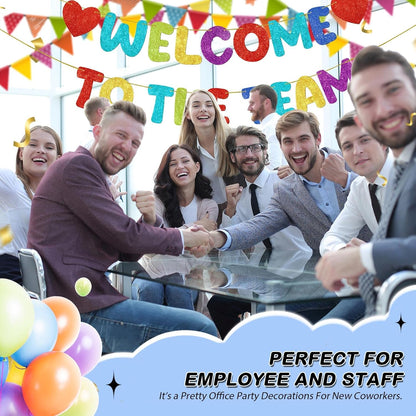 Fulmoon Pre Strung Welcome to The Team Banner with Two Heart Signs, NO DIY, Glitter Welcome Party Supplies for New Employee, Coworker, Colleague, Staff, Team Member Office Decorations(Champagne Gold)
