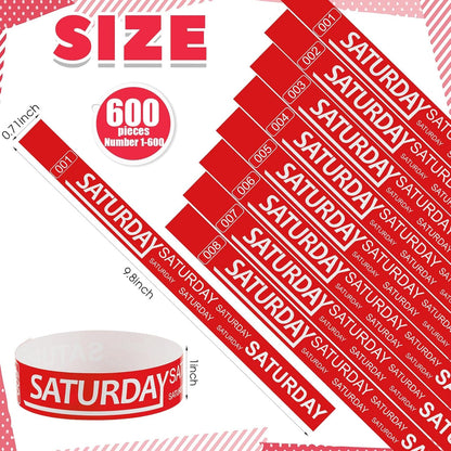 Henoyso 600 Pcs Saturday Paper Wristbands Event Admission Paper Bracelets Numbered Waterproof Party Armbands for Events Day of the Week(Red)