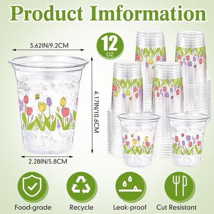 Hushee 60 Pcs Purple Floral Cups with Spring Summer Flower 16 oz Wildflowers Plastic Disposable Drinking Cups for Summer Spring Birthday Baby Shower Wedding Party Supplies