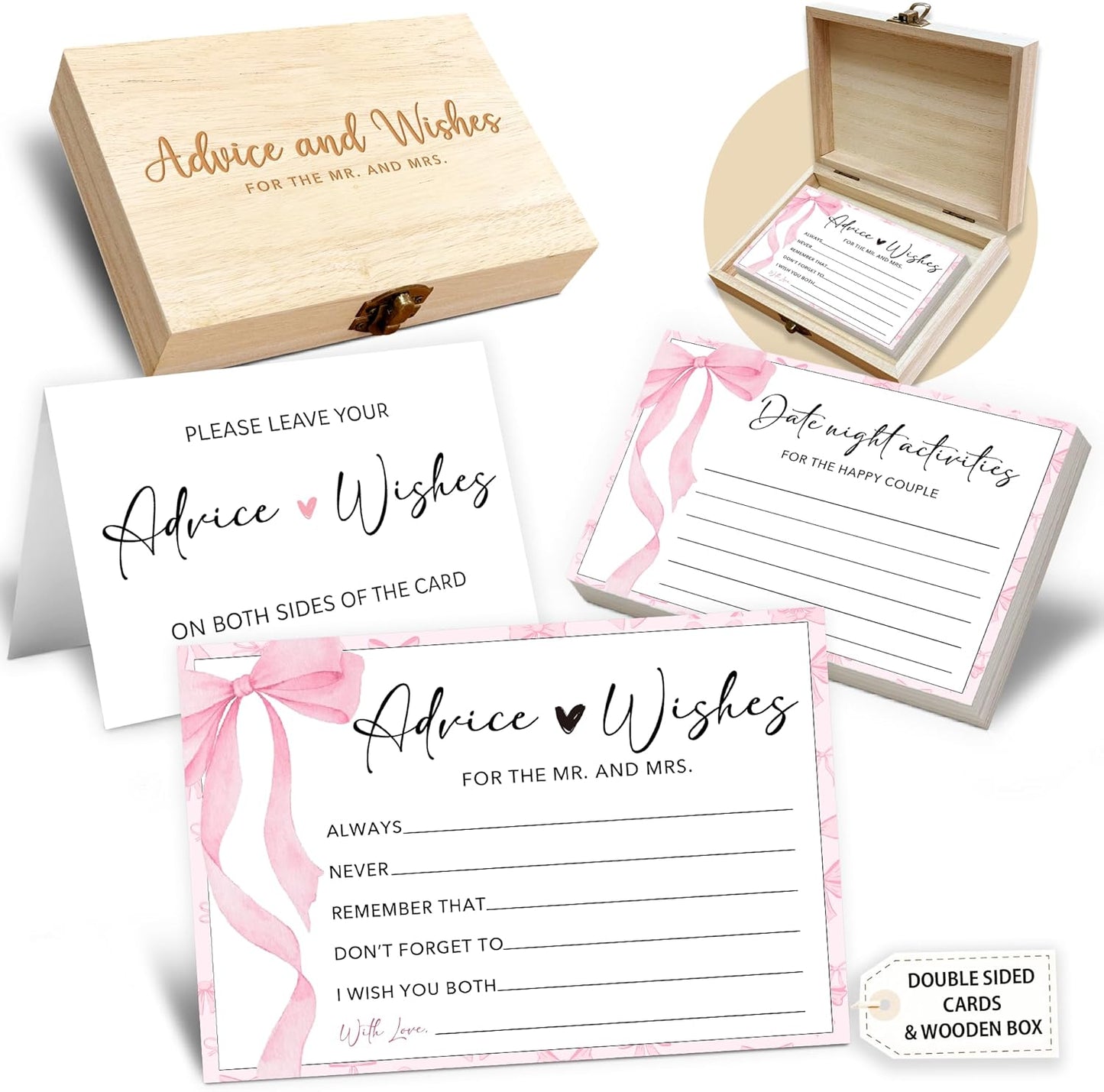 Boho Advice and Wishes for the Mr and Mrs - 50 Packs Wedding Advice Cards Bridal Shower Game Cards with Box Reception Guest Book for Bride Groom Newlywed Engagement Party Decoration -A08