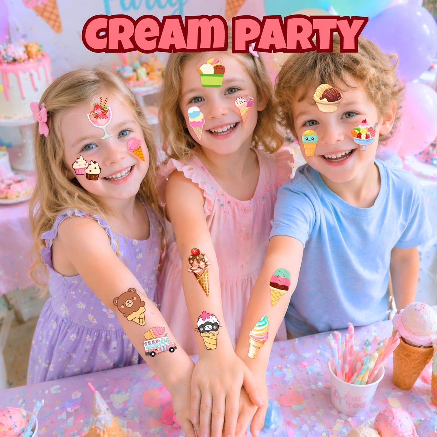 96PCS Ice Cream Temporary Tattoos for Kids - Pre-Cut No Scissors Needed - Sweet One Birthday Party Favors, Summer Pool Party Decorations, Goodie Bag Fillers, Classroom Prizes for Girls Boys