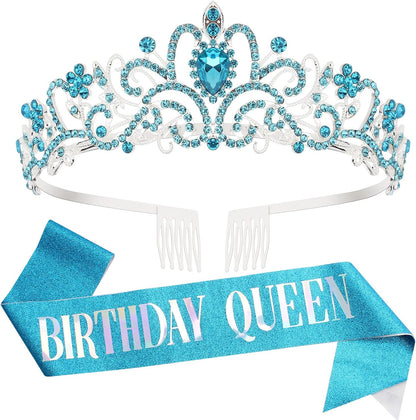 Happy Birthday Queen Tiara Crowns for Women, Red Sash, Party Favors Supplies Gift, 30th Decorations, Stuff Accessories