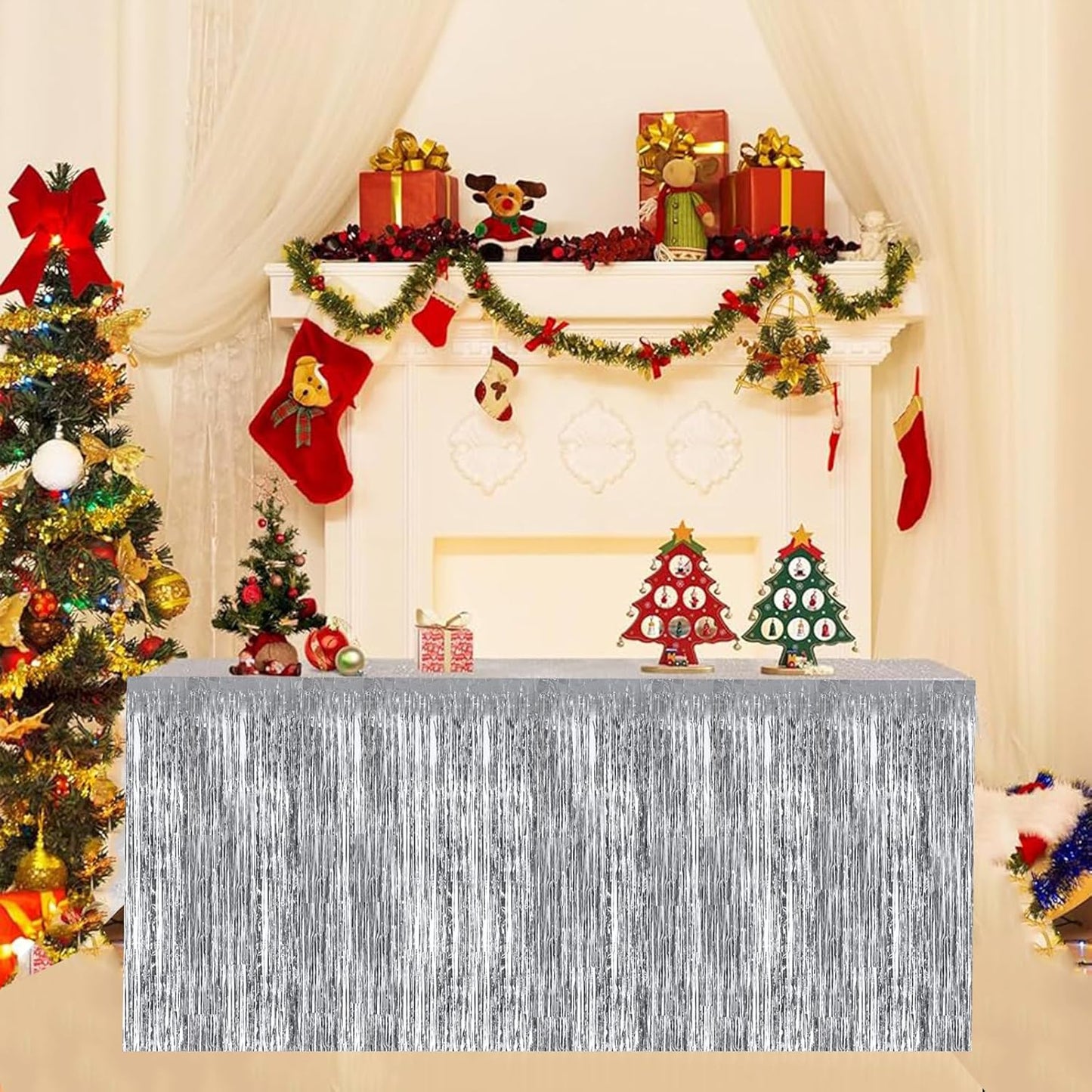 BEISHIDA 2 Pack Metallic Tinsel Foil Fringe Table Skirts for Rectangle & Round Tables Hot Pink Kids' Birthday, Holiday Cartoon Party Decorations for Birthday Valentines Baby Shower Festive Events