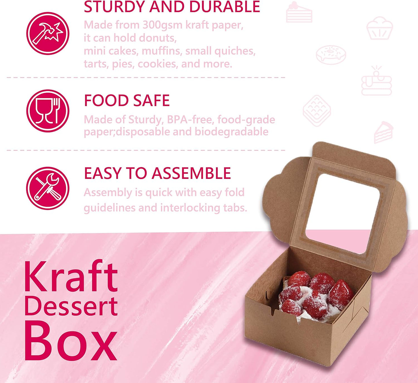 Bubbley Kraft Paper Bakery Boxes - 50-Pack Single Pastry Box 4-Inch, Packaging with Clear Display Window, Donut, Mini Cake, Pie Slice, Dessert Disposable Take-Out Container, Brown, 4 x 2.3 x 4 Inches
