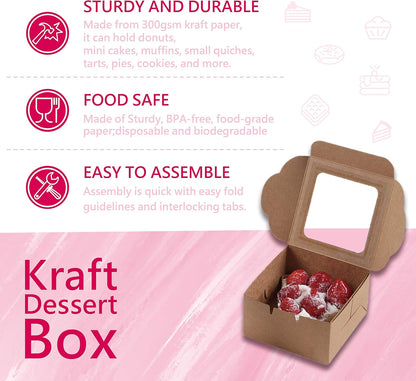 Bubbley Kraft Paper Bakery Boxes - 50-Pack Single Pastry Box 4-Inch, Packaging with Clear Display Window, Donut, Mini Cake, Pie Slice, Dessert Disposable Take-Out Container, Brown, 4 x 2.3 x 4 Inches