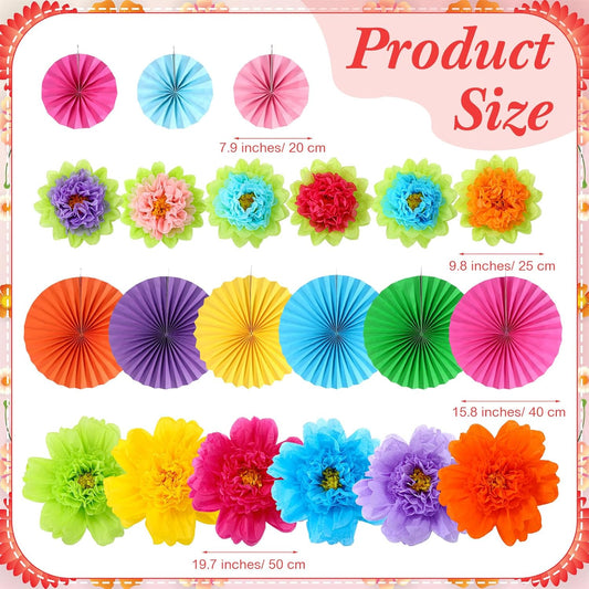 Kosiz 21 Pcs Colorful Paper Flower Decorations for Wall Paper Fans Tissue Floral Hanging Decorations for Spring Summer Birthday Wedding Mexican Fiesta Mother's Day Baby Shower Party Classroom Home