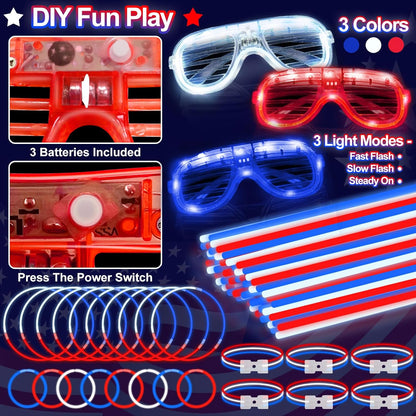 TURNMEON 248 Pcs 250th Anniversary 4th of July Light Up Party Favors, 24 Red White Blue Glasses 200 Patriotic Glow Sticks Bulk with Connectors Glow in the Dark Party Supplies Independence Day Decor