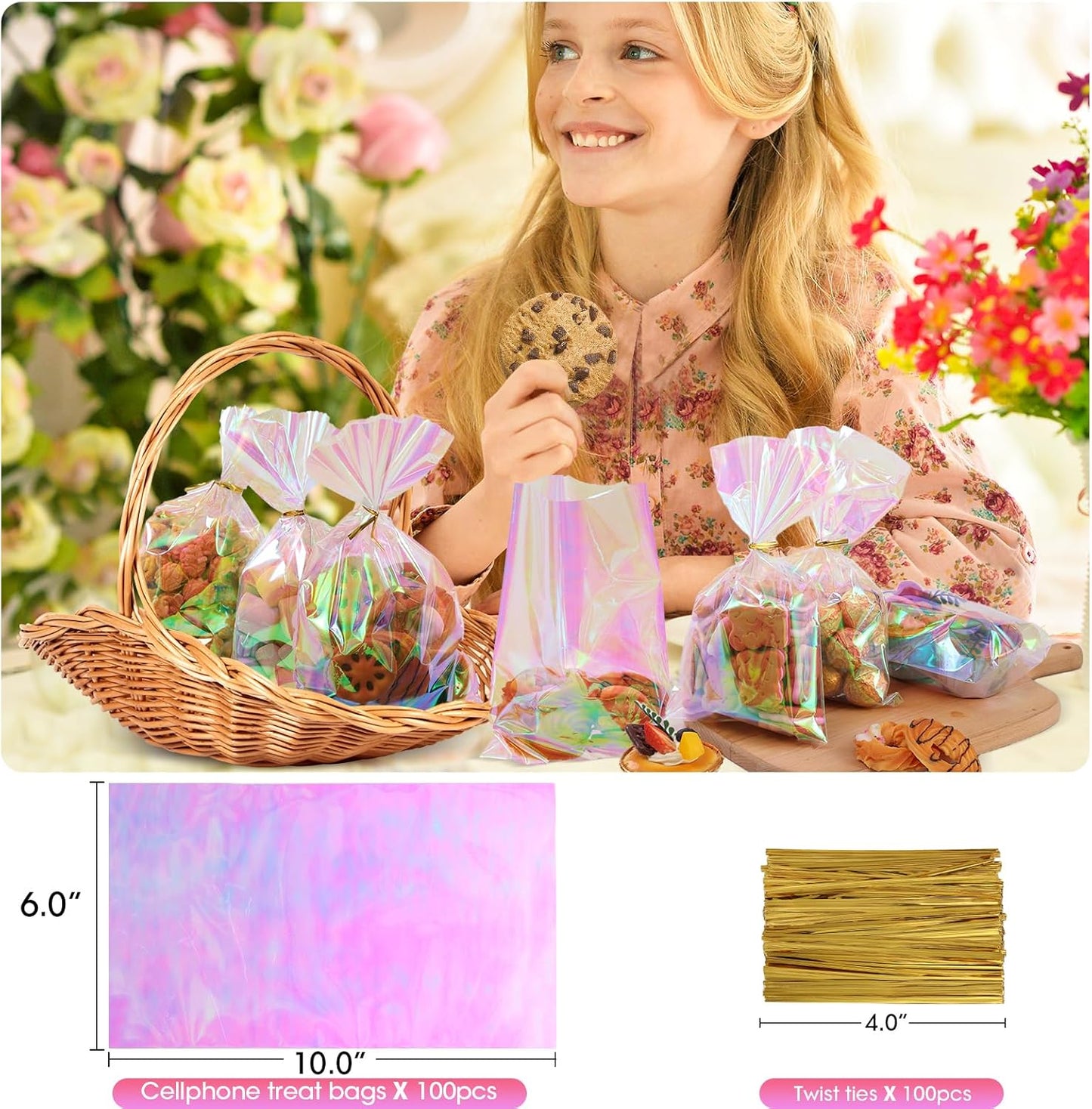 SUREHOME Cellophane Bags, 100 Pack Clear Gift Bag Cellophane Treat Bags with Ties 6x10 Inch Plastic Small Cello Candy Bag for Birthday Party Favors Goodie valentines Cookies Bakery Snack Popcorn Wraps