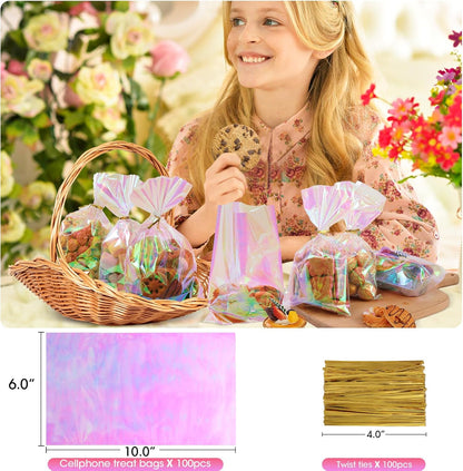 SUREHOME Cellophane Bags, 100 Pack Clear Gift Bag Cellophane Treat Bags with Ties 6x10 Inch Plastic Small Cello Candy Bag for Birthday Party Favors Goodie valentines Cookies Bakery Snack Popcorn Wraps