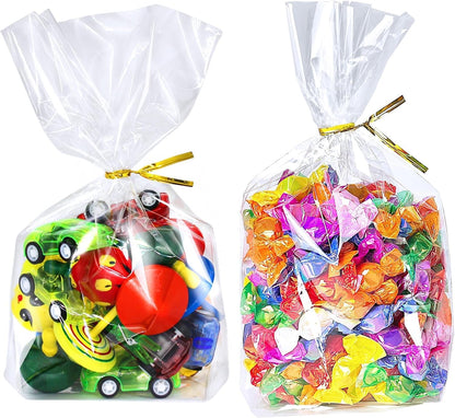 PigPotParty Cellophane Treat Bags 6x9 Inch, 50 Pack Clear Goodie Bags with Bottom Gusset for Stand-Up Display, Small Plastic Gift Wrap for Cookies, Candy, Party Favors, Popcorn, Includes 50 Gold Ties