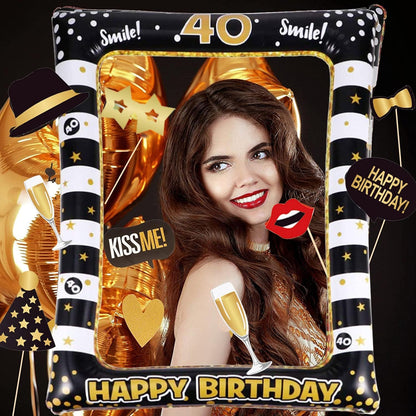 40th Birthday Inflatable Photobooth Selfie Frame & Props Set for Pictures & Decorations Giant Selfie Blow Up Photo Booth Picture Frame Photo Props Decor for 40 Years Old Birthday Party Supplies