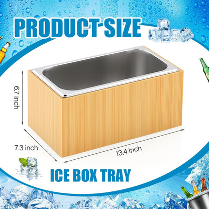Ice Housing Bin with Removable Tray Ice Holder Container Wine Beer Champagne Drink Bucket Beverage Tub for Freezer Display Buffet Bar Counter Party Drink Chiller(Bamboo and Steel,21" X 13" X 5.5")