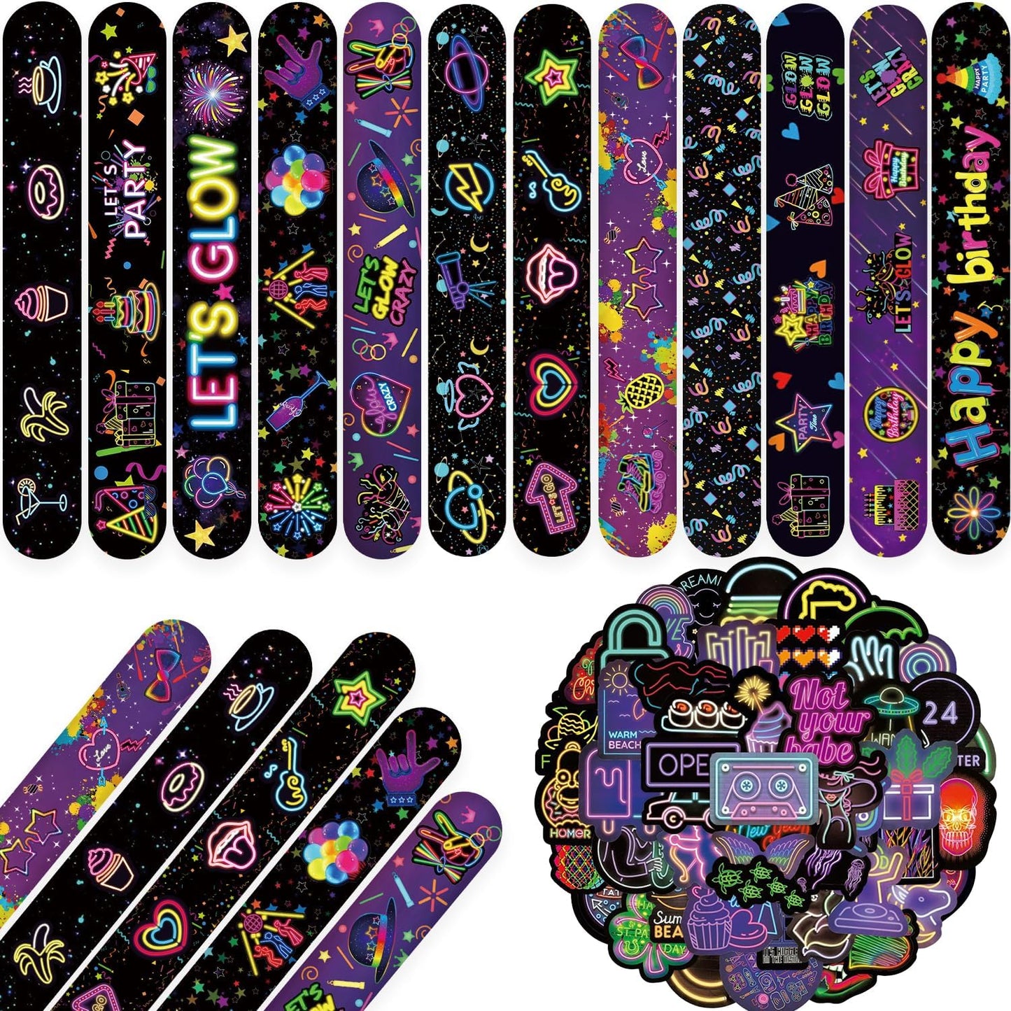 74 Neon Party Favors 50PCS Cool Neon Sign Vinyl Stickers 24PCS Glow Slap Bracelets Wristbands Neon Theme Birthday Party Decorations Glow in The Dark Party Supplies Favors