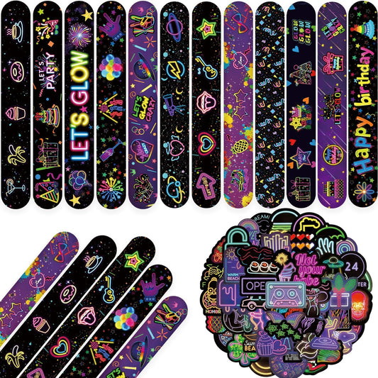 74 Neon Party Favors 50PCS Cool Neon Sign Vinyl Stickers 24PCS Glow Slap Bracelets Wristbands Neon Theme Birthday Party Decorations Glow in The Dark Party Supplies Favors