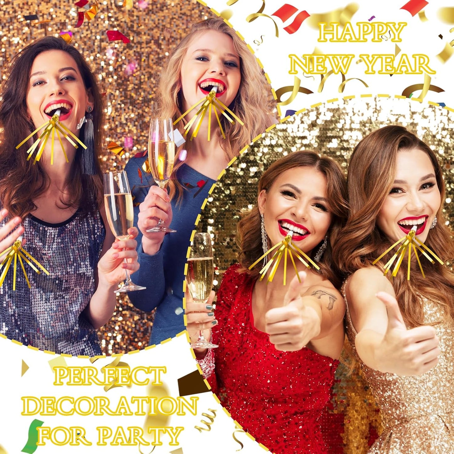 Denylo pro 24 Pcs Glitter Noise Makers Gold Noise Makers Metallic Fringed Party Blowers Adults Party Horns for Sporting Events Christmas New Year Festival Favor Supplies