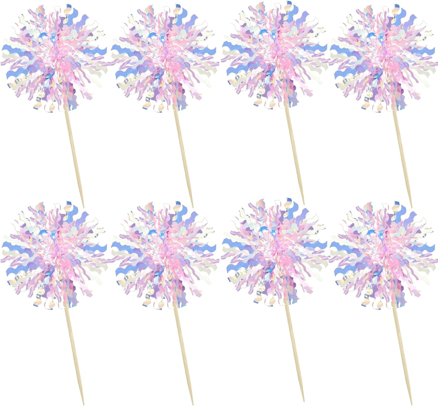 Ephlyn 30Pcs Foil Firework Cupcake Toppers Sparkle Tinsel Cupcake Picks Drink Stirrers Cocktail Food Fruit Toothpicks for Baby Shower Graduation Party Supplies White
