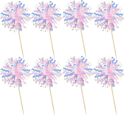 Ephlyn 30Pcs Foil Firework Cupcake Toppers Sparkle Tinsel Cupcake Picks Drink Stirrers Cocktail Food Fruit Toothpicks for Baby Shower Graduation Party Supplies White