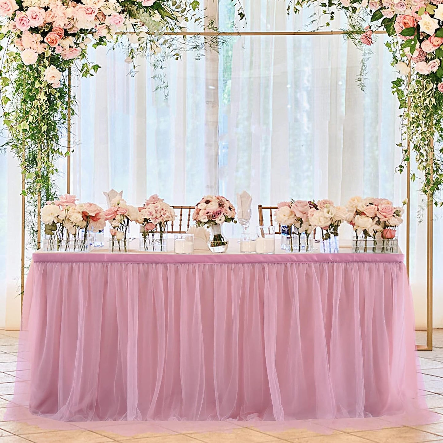 72inch Champagne Gold Tulle Table Skirts for Rectangle Round Tables, Gold Grim Ruffle Tulle Tutu Cloth Table Skirt 6ft for Wedding Birthday Party Cake Dessert Decor(No Top Cover)