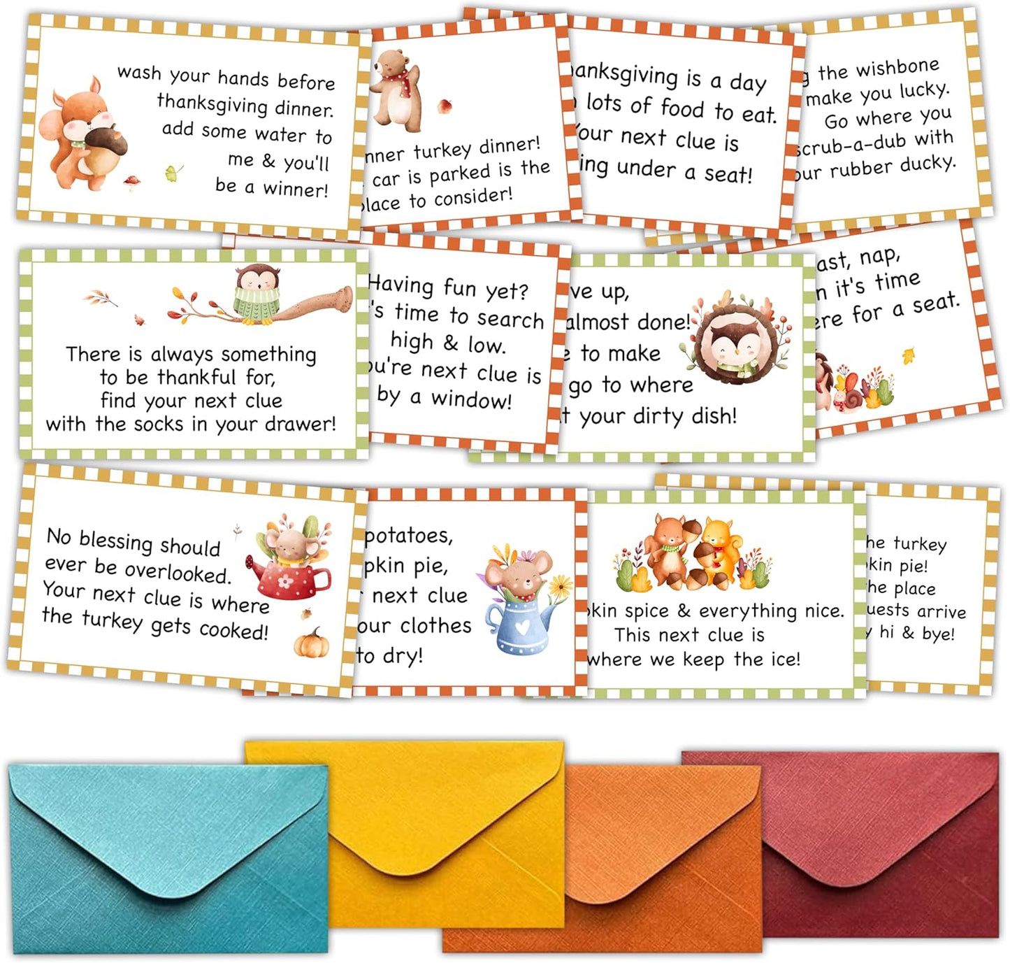 Thanksgiving Scavenger Hunt Clues Card, Outdoor Indoor Autumn Harvest Games, Thanksgiving Party Supplies Decoration, Set of 16 Cards with Colourful Envelopes -A01