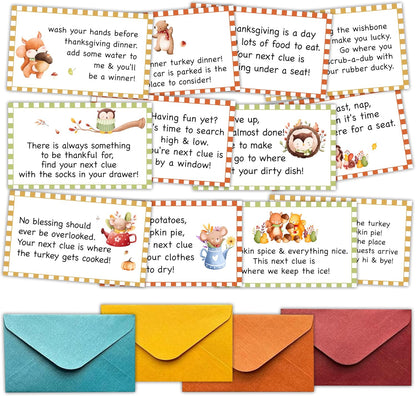 Thanksgiving Scavenger Hunt Clues Card, Outdoor Indoor Autumn Harvest Games, Thanksgiving Party Supplies Decoration, Set of 16 Cards with Colourful Envelopes -A01