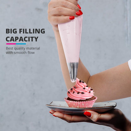 Riccle Piping Bags and Tips Set, 11.8 Inch 100 Anti Burst Piping Bags, 124 Pcs Cake Decorating Kit with 16 Piping Tips, 1 Reusable Pastry Bags, 3 Cake Scrapers, 2 Couplers, and 2 Icing Bags Ties
