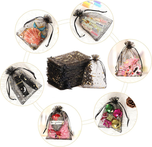 100PCS Moon Star Organza Bags, 4x6" Wedding Favors Bags with Drawstring, Mixed Color Little Mesh Gift Pouches Candy Organza Gift Bags for Party, Jewelry, Christmas, Mother's Day, Festival, Eid Mubarak Party Favor Bags
