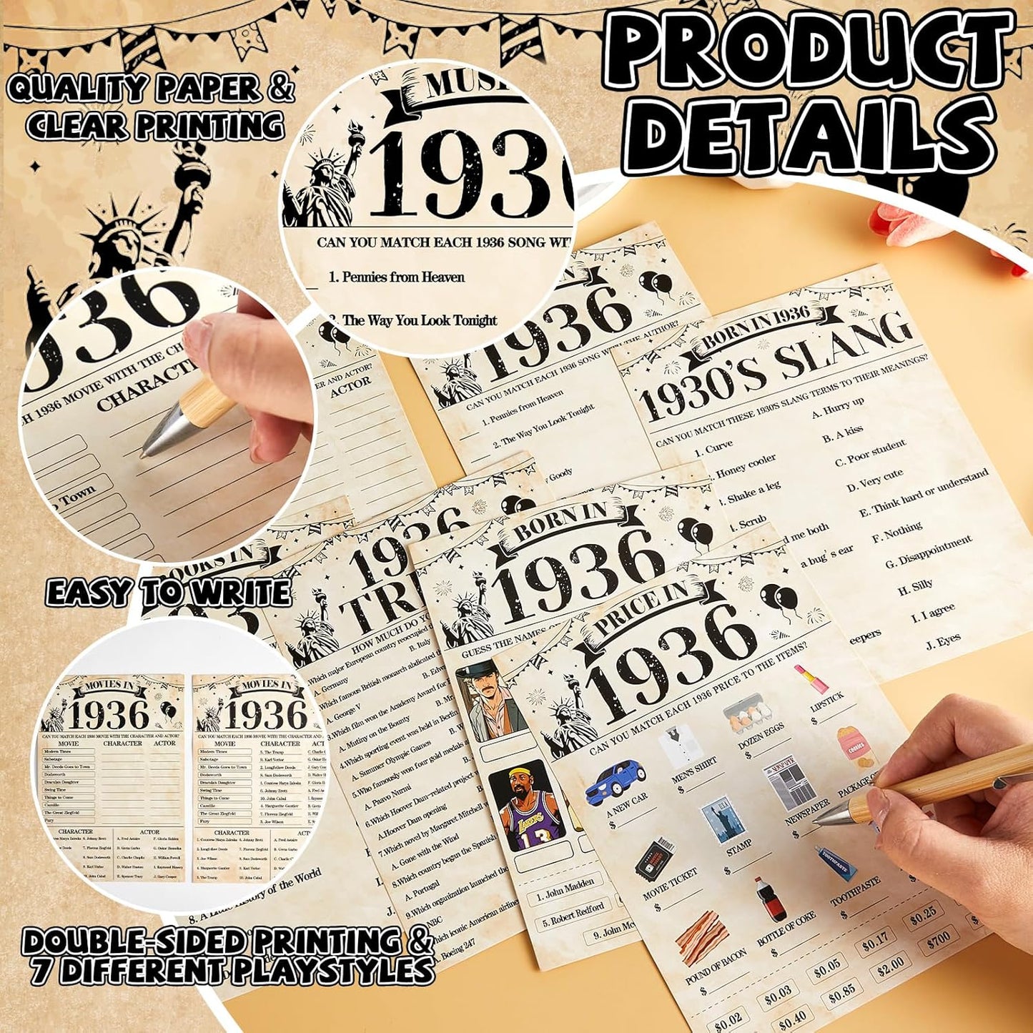 70Pcs 70th Birthday Party Games Born In 1956 Fun 1956 Trivia Music Slang Books Game Double-Sided Game Cards Vintage 70th Birthday Party Supplies for 70 Year Old Activity Anniversary Class Reunion