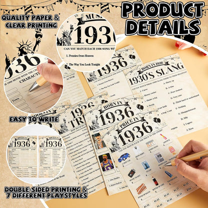 70Pcs 70th Birthday Party Games Born In 1956 Fun 1956 Trivia Music Slang Books Game Double-Sided Game Cards Vintage 70th Birthday Party Supplies for 70 Year Old Activity Anniversary Class Reunion