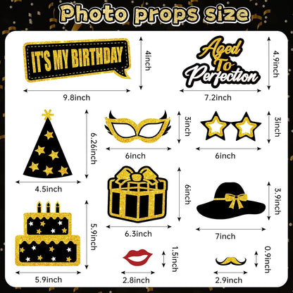 Turypaty Birthday Party Decorations for Boys & Girls - Black & Gold Photo Booth Props & Selfie Frame Set