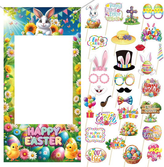 Lucleag Easter Photo Booth Props & Frame Banner Set, 30Pcs Cute Bunny Egg Photo Props & 1Pcs Selfie Frame Photos Banner Photo Accessories for Easter Spring Decoration Party Supplies