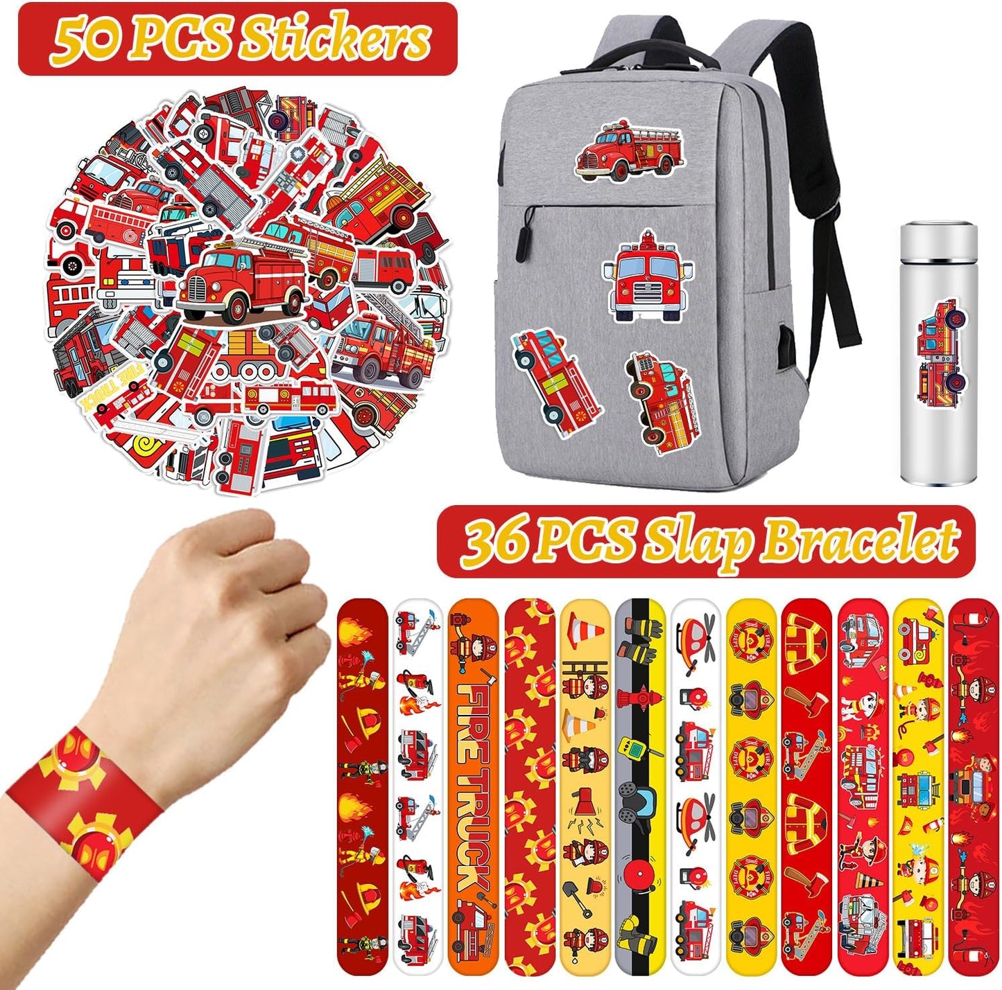 86PCS Fire Truck Party Favors 36PCS Fire Truck Slap Bracelets 50PCS Kids Fire Truck Stickers Firefighter Snap Bracelet for Kids Fire Truck Birthday Decorations Classroom Rewards Prizes