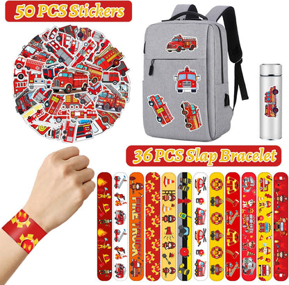 86PCS Fire Truck Party Favors 36PCS Fire Truck Slap Bracelets 50PCS Kids Fire Truck Stickers Firefighter Snap Bracelet for Kids Fire Truck Birthday Decorations Classroom Rewards Prizes