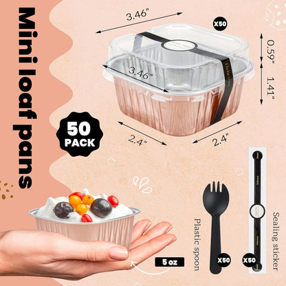 NPLUX 50 Pcs Mini Cake Pans with Lids and Spoons Aluminum Foil Mini Square Baking Cups with Lids Disposable Ramekins Cake Pans Dessert Cups for Wedding Mothers Day Gifts Party Favors(Pink,5oz)