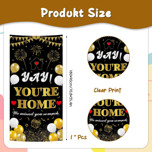 Welcome Home Door Banner Decorations - Black And Gold Yay You'Re Home Banner Vertical Backdrop For Welcome Back Housewarming Military Return Party Welcoming Sign Photo Props Decor