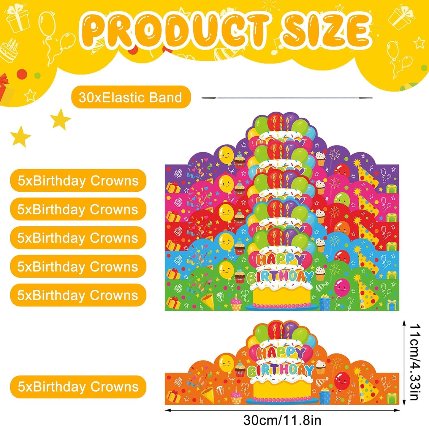 30 Pcs Birthday Party Crowns for Kids Happy Birthday Hats Colorful Crown Set Paper School Classroom Hats with Elastic Band for Classroom School Kids Teacher Party Supplies