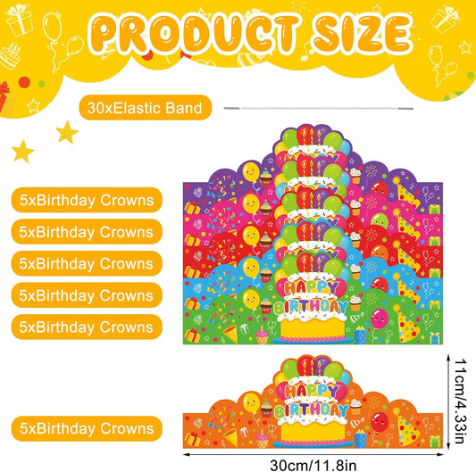 30 Pcs Birthday Party Crowns for Kids Happy Birthday Hats Colorful Crown Set Paper School Classroom Hats with Elastic Band for Classroom School Kids Teacher Party Supplies