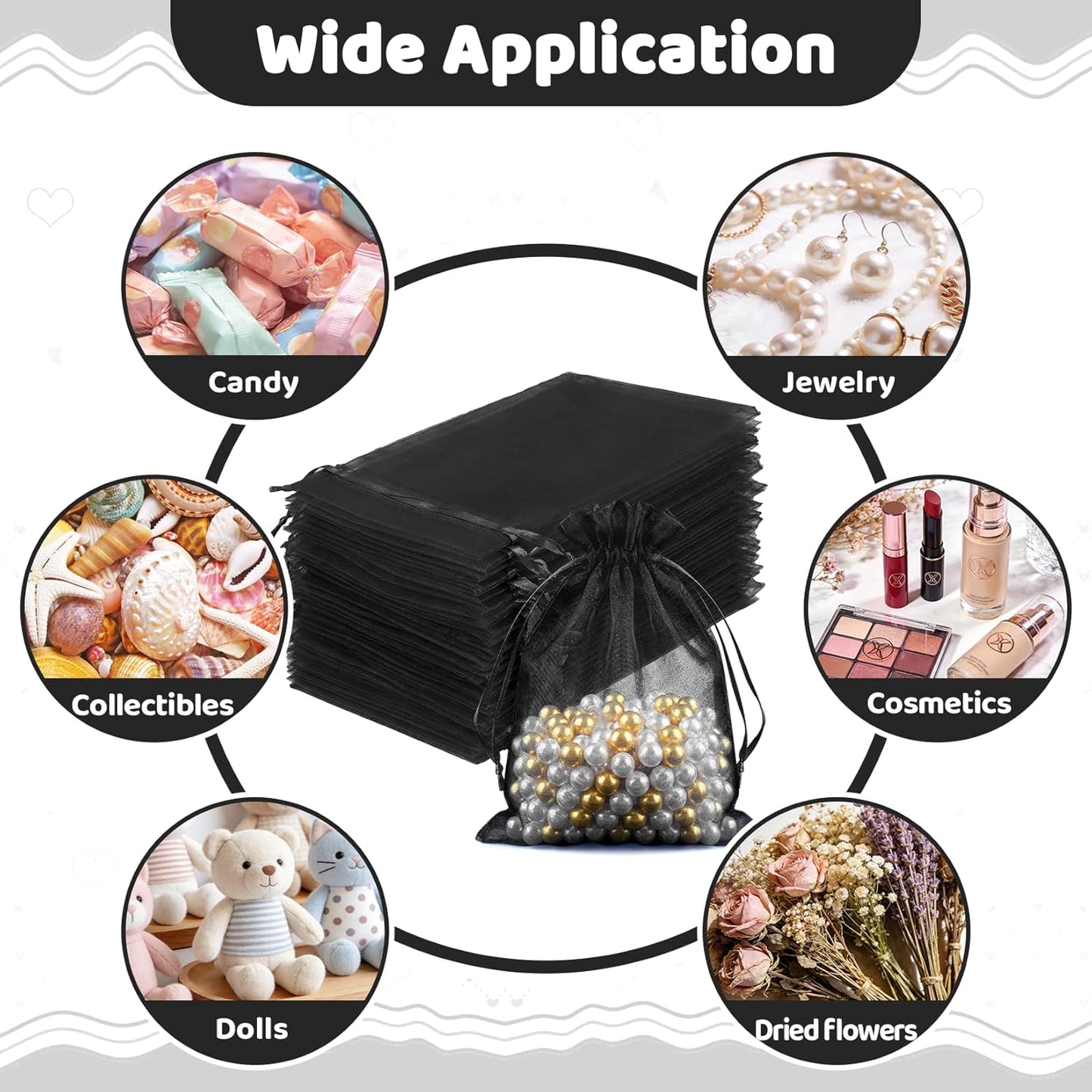 FUNFERY 100 Pcs White Organza Bags 3x4 in, Small Mesh Drawstring Gift Bags for Sachet, Jewelry, Wedding Favor, Candy Goodie Treat Bag,Easter Day