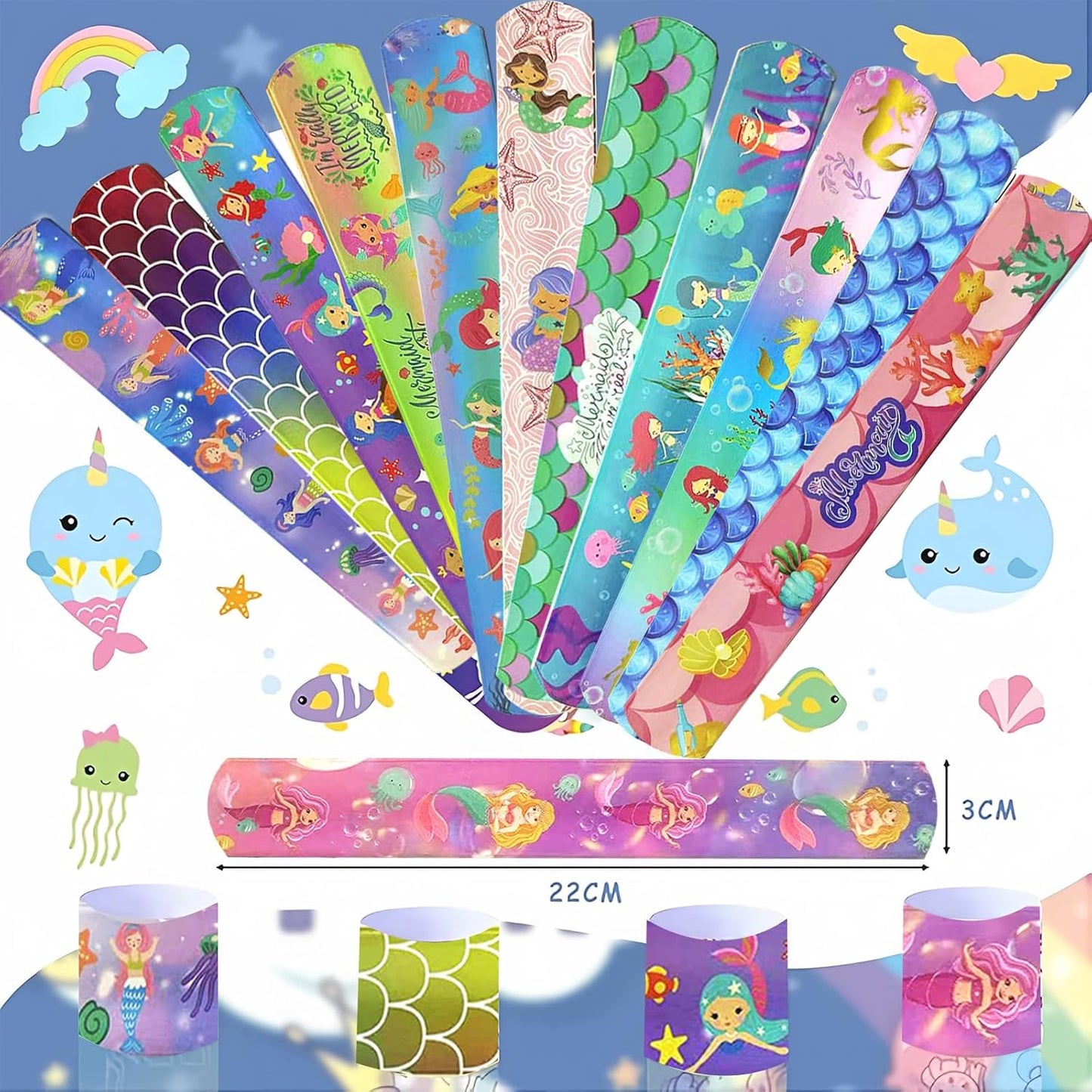 74PCS Mermaid Party Favor 50PCS Mermaid Party Stickers&24PCS Slap Bracelets Birthday Supplies Team Gift Filler