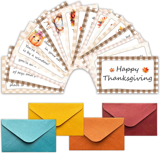 Thanksgiving Treasure Hunt Clue Game, Fall Scavenger Games for Adults, Happy Thanksgiving Party Activities, Autumn Pumpkin Party Supplies (16 Cards with 16 Colorful Envelopes) -01