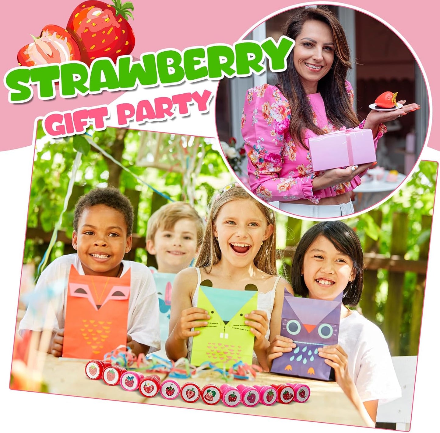 MotiMind 24 Pcs Strawberry 12 Designs Stampers Berry First Birthday Party Favors, Self-Inking Mini Stampers for Kids, School Rewards, Goodie Bag Fillers, Carnival Prizes, DIY Craft, Shortcake