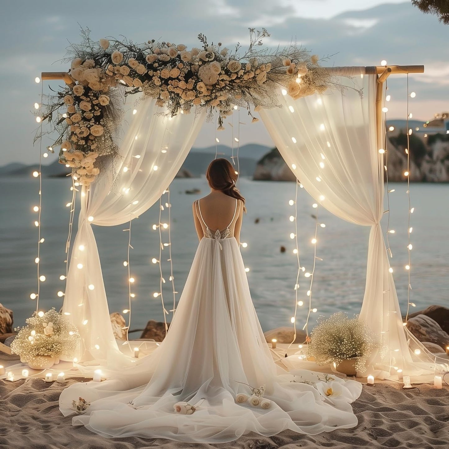 Fomcet Tulle Backdrop Curtains with Lights String White 10FT X 8FT Sheer Curtain with Lights Tulle Curtains Backdrop for Wedding Birthday Party Baby Shower Photo Shoot (2 Panels 5x8FT)