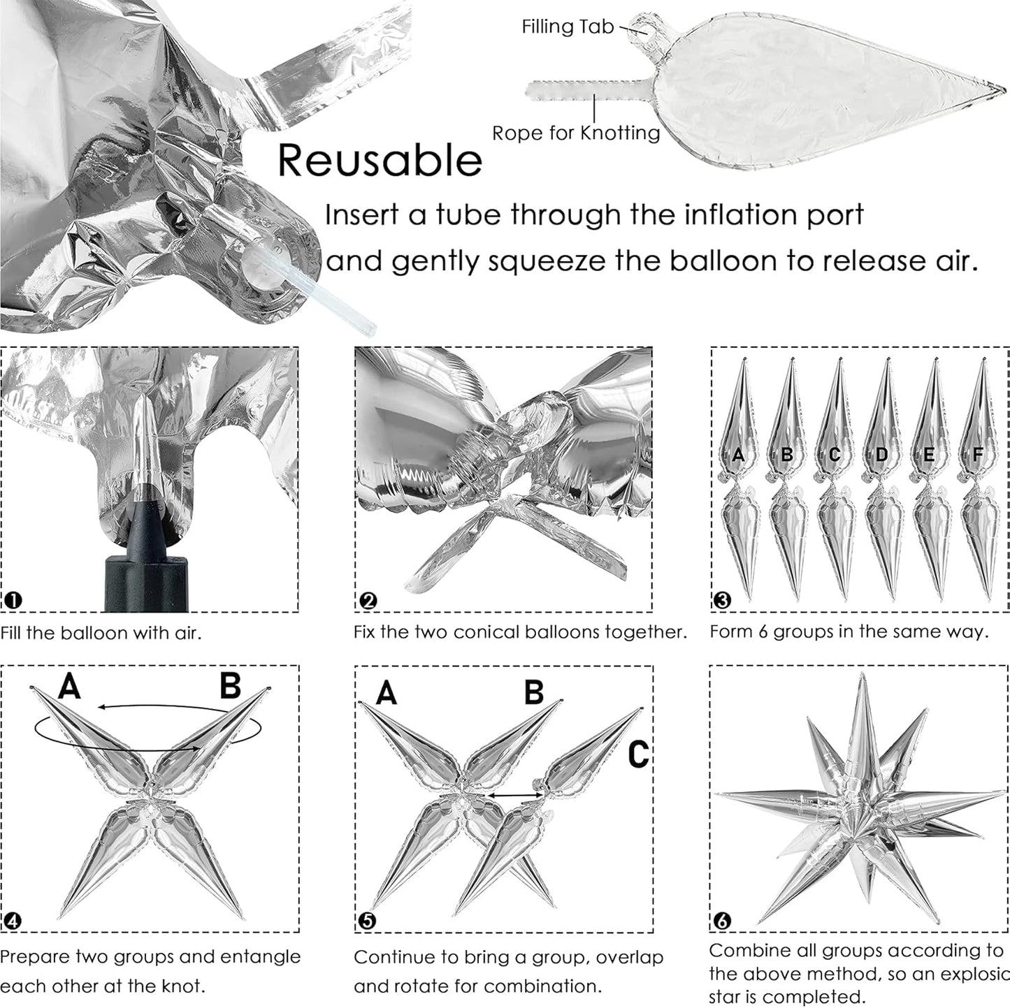ZAKVOOR 60 Pcs Star Balloons 12 Spike Foil Explosion Party Decoration Balloons for Christmas New Year Eve Birthday (Silver)